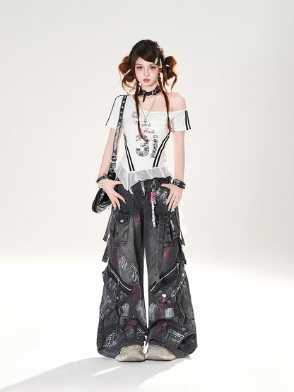 Distressed Black Wide-leg Jeans Rise Zipper Details Low Spray Paint Print