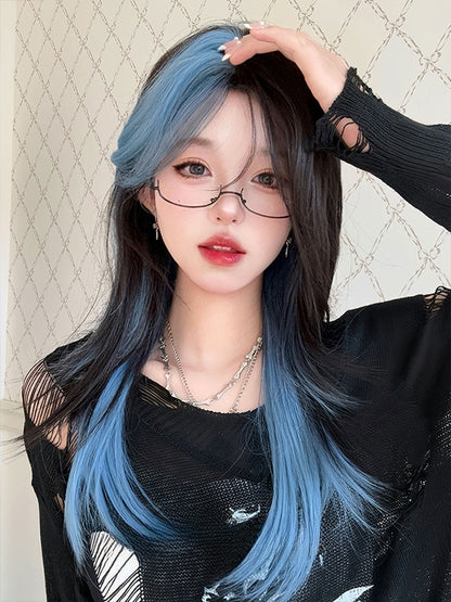 Black and Blue Highlights Long Straight Synthetic Wig With Bangs