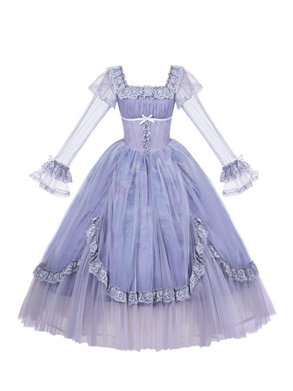 Print Lily Long Oil Dress Water Neckline Painting Sleeves Purple Lolita Skirt Classic Square