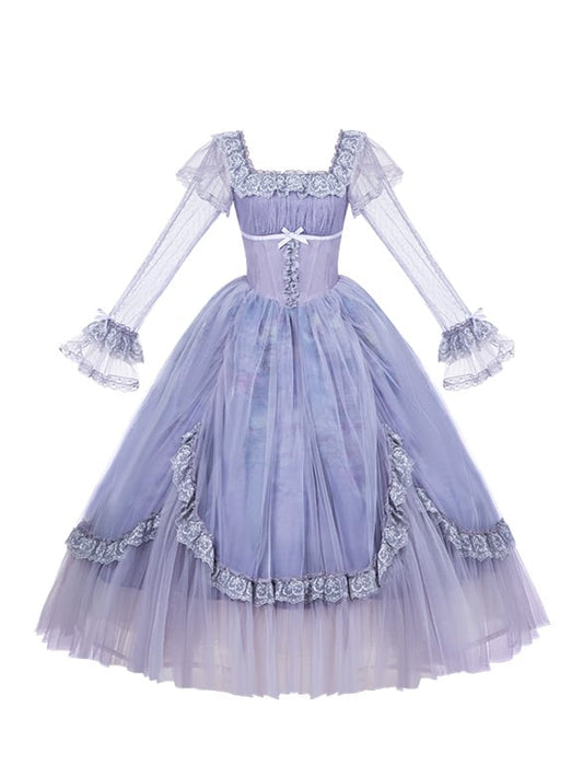 Print Lily Long Oil Dress Water Neckline Painting Sleeves Purple Lolita Skirt Classic Square