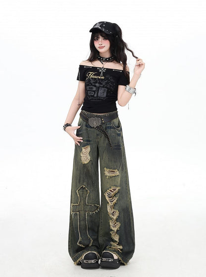 Y2K Cross Applique Blue Distressed Holes Wide-Leg Jeans Vintage