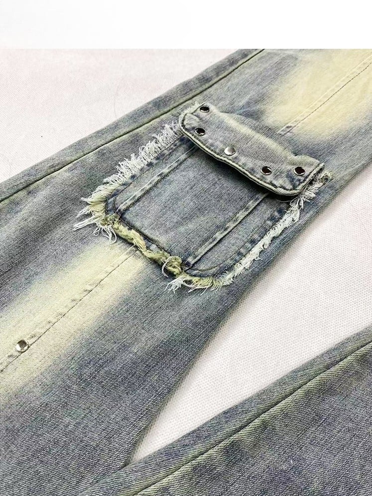 Decorated Jeans Faded Cuffs Y2K Frayed Glamorous Blue Raw Flare Pocket Silhouette Wash and
