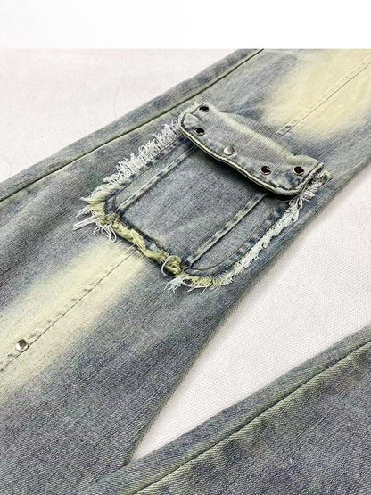 Decorated Jeans Faded Cuffs Y2K Frayed Glamorous Blue Raw Flare Pocket Silhouette Wash and