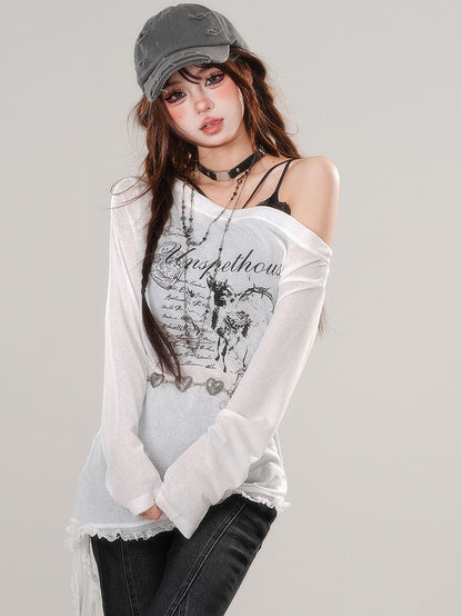 Black/White Asymmetrical Neckline Side Slit Graphic Top Lace Hem