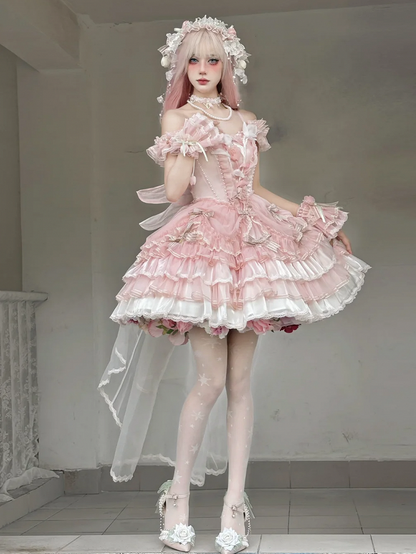 Theme Pink Tulip Lolita Dress Balletcore Hime Layered Skirt