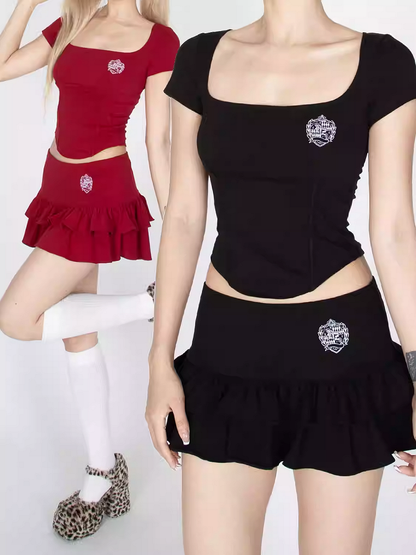 Red/Black Square Neckline Curved Hem Glamorous Cropped T-Shirt