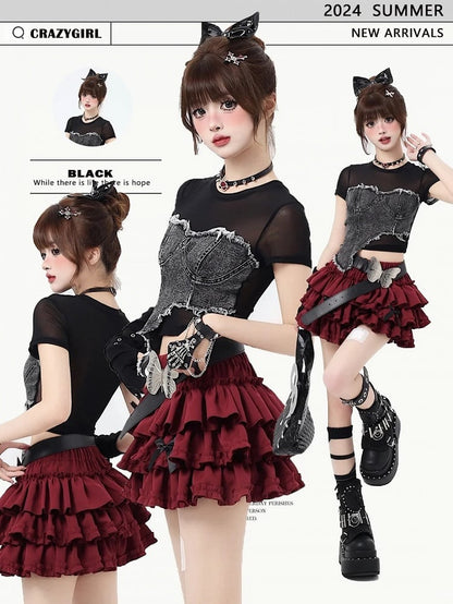 Skirt with Bow Bowknots Sweet Tiered Red Big Free