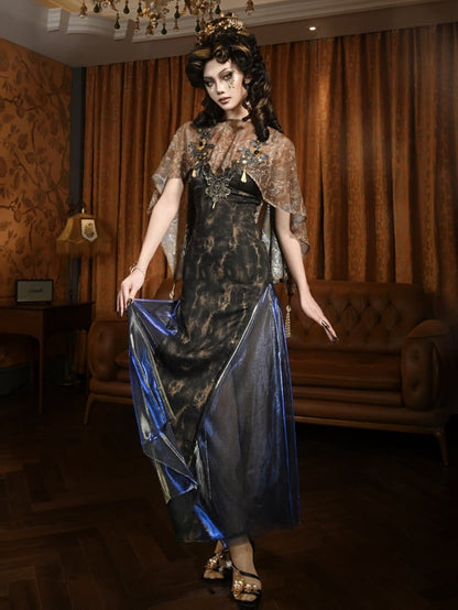 Gold High-low Cutout Back Shawl with Tassels and Bead Chain