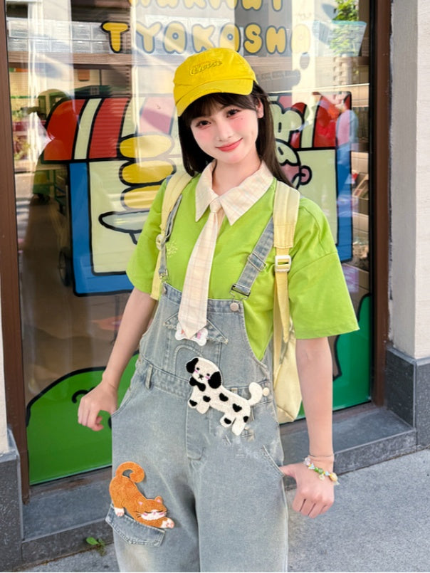 Light Blue High Adorable Animal Appliques Denim Overalls Waist