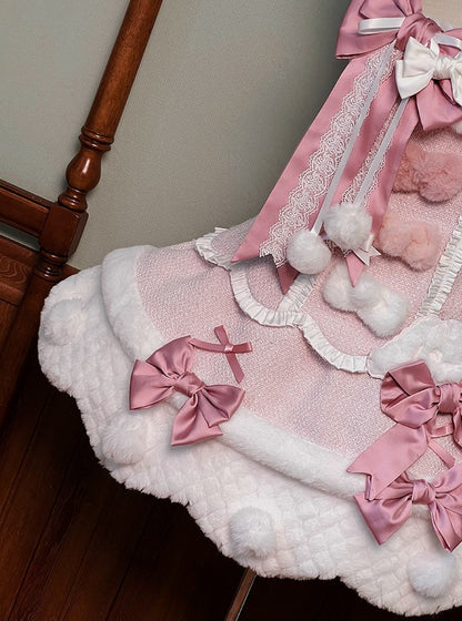 Pom-poms Pink with Lolita Overalls Trim Scalloped Sweet Dress White Bowknots Edge and