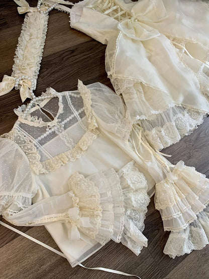Tüll Weiß mit Ärmeln Creme Abnehmbare Bluse Gepunktet Puff