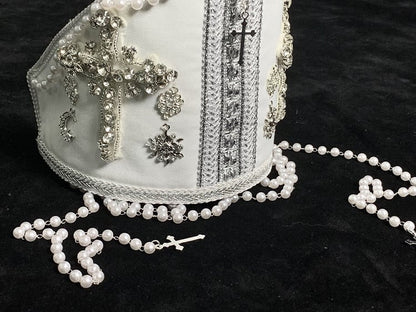 Miter Cross Decorated Beaded Chain White with Papal Bead