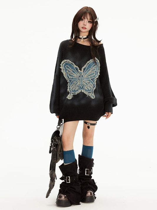 Wasteland Punk Butterfly Applique Black Asymmetrical Neckline Sweater