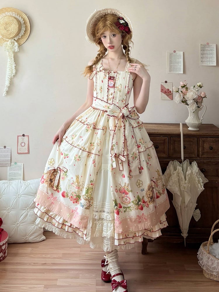 Floral Pink Hemline Lolita Fashion Dress Bunny Print House Strawberry and