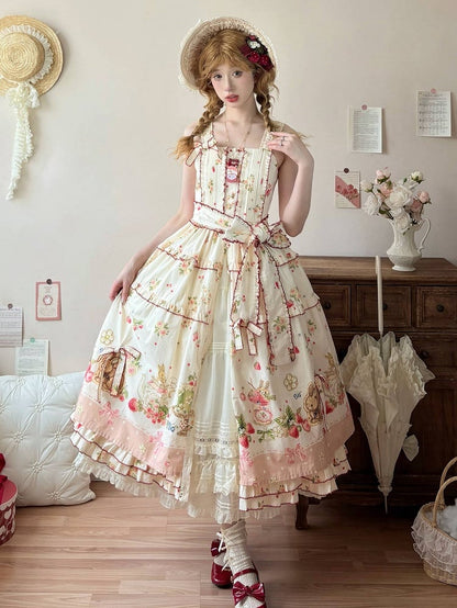 Floral Pink Hemline Lolita Fashion Dress Bunny Print House Strawberry and