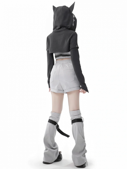 Dark Gray Wolf Ears Hooded Cropped Top