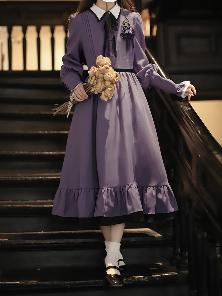 Waist with Belt Velvet Purple Sweet Lolita One Piece High Waist Dress