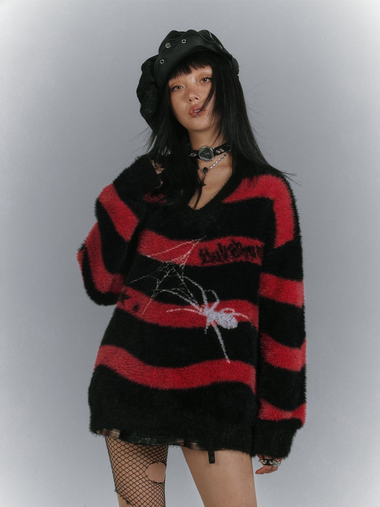 Black and Red Striped V-neck Punk Spider Sweater