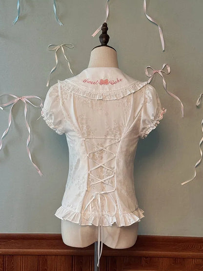Peter Sleeves Decorated Collar Pan Puff Blouse Bows White Pink