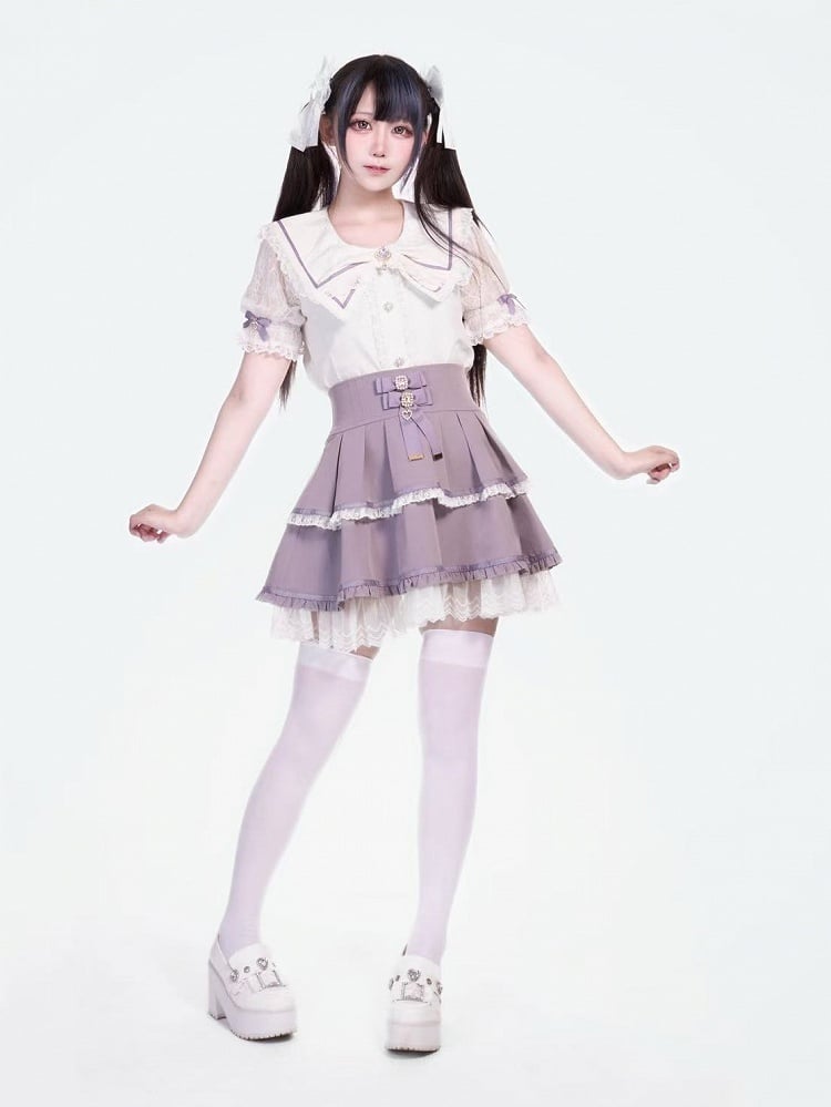 Tiered Purple Design Jirai with Kei Waist Bows Skirt High