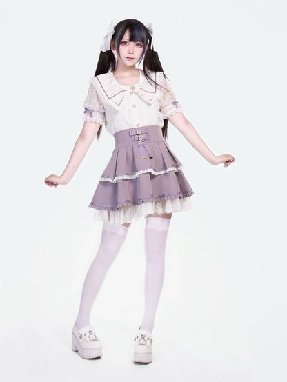 Tiered Purple Design Jirai with Kei Waist Bows Skirt High