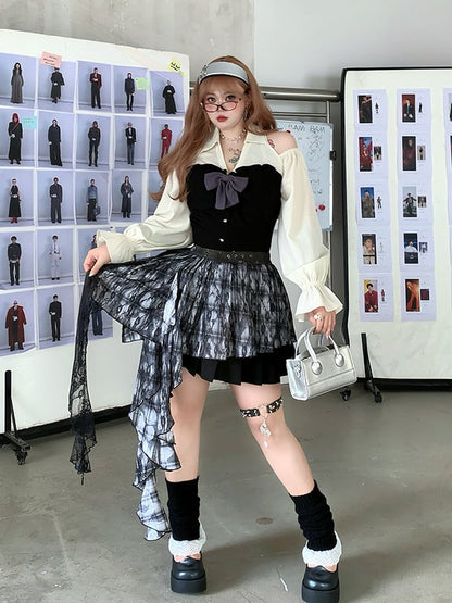 Plaid Waist Accessory with Cascading Ruffles Size Black Plus Brown /