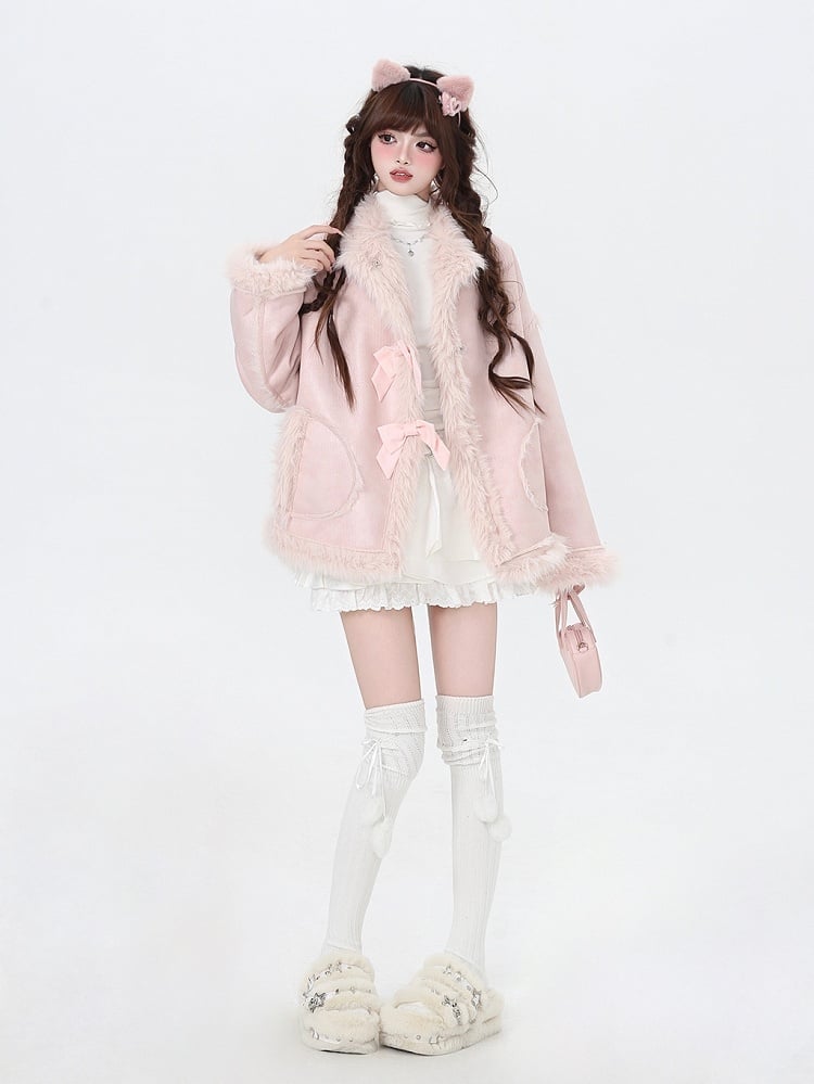 Pink Bowknot Detail Faux Fur Trim Thick Coat