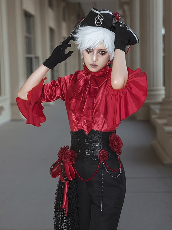 Red Ruffled High Neck Ouji Lolita Long Sleeves Shirt with Jabot Tie