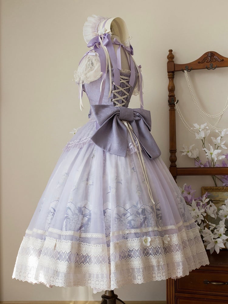 Classic Long Skirt Lolita Decoration + Jasmine Top Print Set Purple Corset Floral