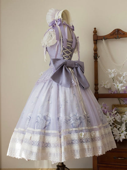 Classic Long Skirt Lolita Decoration + Jasmine Top Print Set Purple Corset Floral