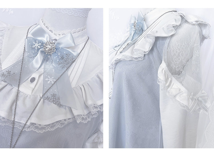 Jirai Kei Light Blue Lace Patch Shoulders Landmine Style Lace Trimmed Long Sleeve Dress