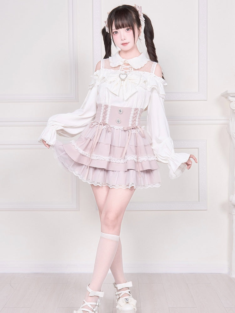 Kei Blouse Sleeve Cold Shoulder Neckline White Long with Jirai Illusion Top