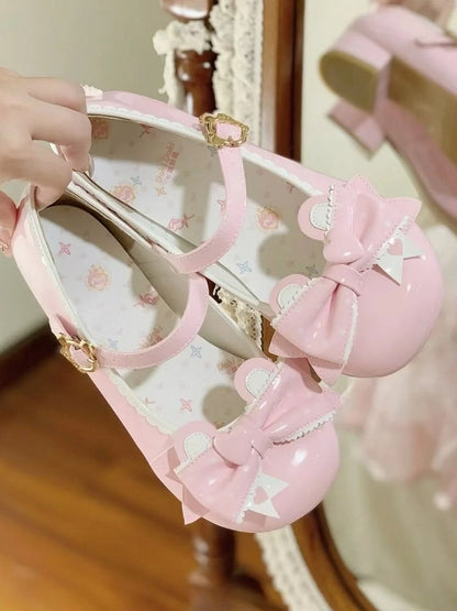 Mary with Lolita PU Top Sweet Bow Ear Pink Low-heel Teddy in Janes Closure Bear
