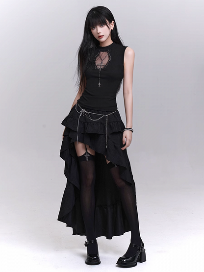 Necklace Tank Top Cross Coffin-Shaped Cutout Black with Studded Free