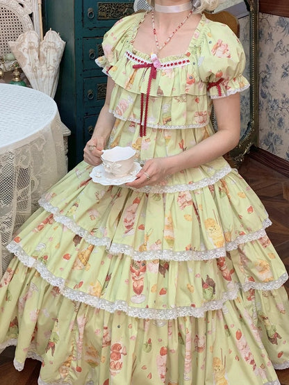 Green Print Fruit Summer Parfait Top Short Sleeves