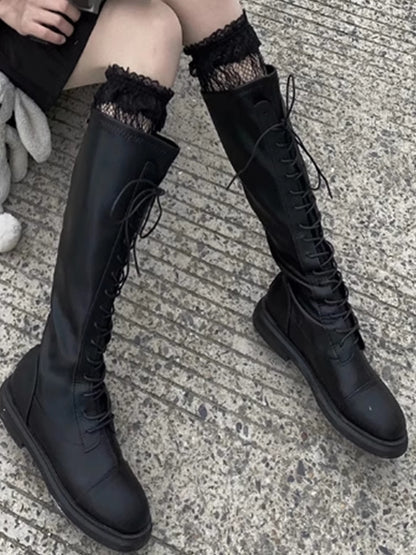 Stockings Lace Black/White Trim Design Hollow-out Under-knee