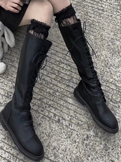 Stockings Lace Black/White Trim Design Hollow-out Under-knee