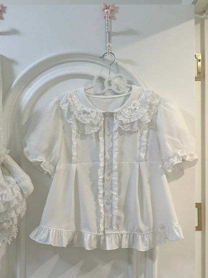 Weißes Lolita-Hemd mit kurzem Kragen und flachen Ärmeln