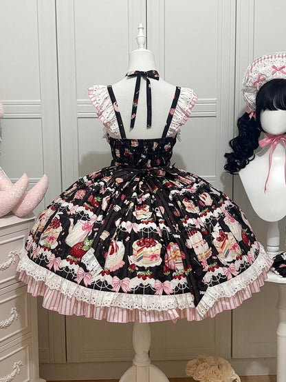 Print Skirt Black Bows Strawberry Jumper Dessert Sweet Lolita and