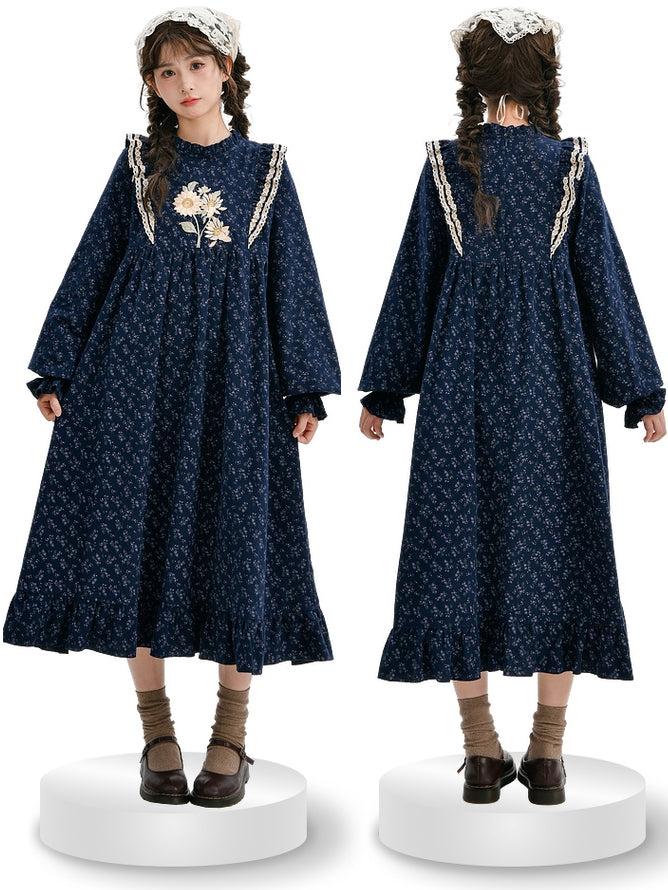 Dark Blue Floral Ruffle Neckline Mori Kei Floral Dress