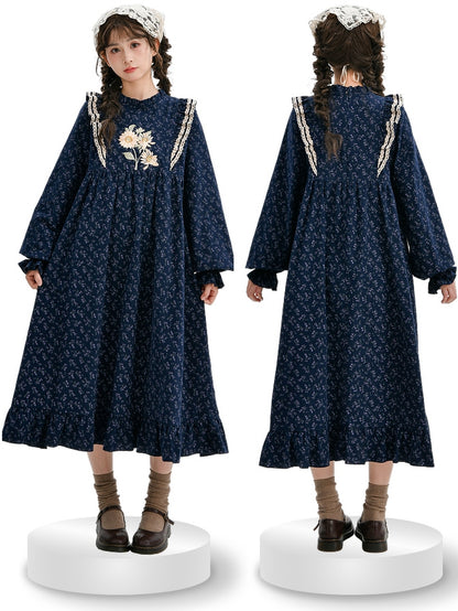Dark Blue Floral Ruffle Neckline Mori Kei Floral Dress