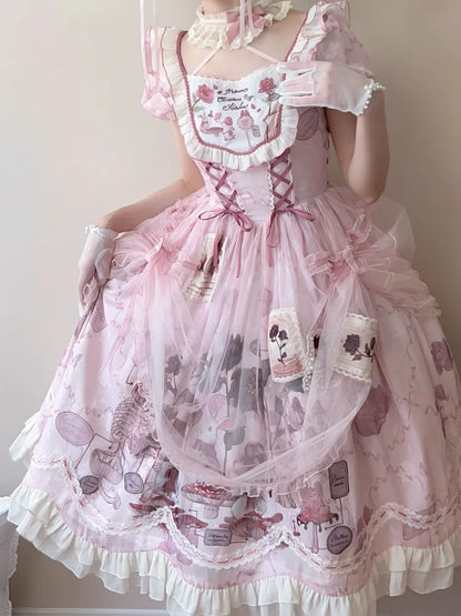 Waist Scalloped Pink Trim Bunny Edge Princess Dress Skirt Lolita Print Ruffle Basque