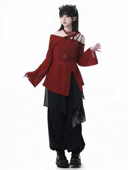 Casual Pants Elastic Waist and Cuffs Dye Black Style Tie Mesh Patchwork Cheongsam