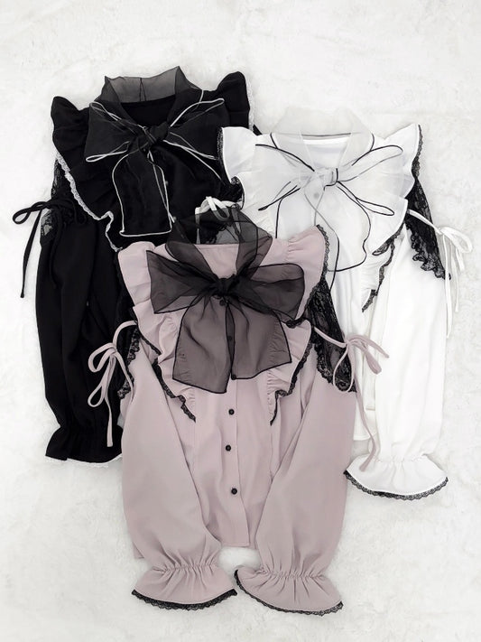 Jirai Kei Schwarz/Weiß/Dusty Cutout Schulter Bluse Schleife Ausschnitt Big Pink