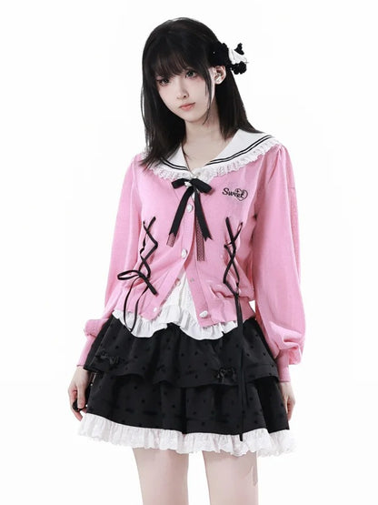 Polka-dot Tiered Skirt Lace White Trim Black