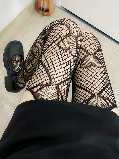 Milchweiß/Hellkaffeebraun/Schwarze Netzstrumpfhose mit Herz-Print