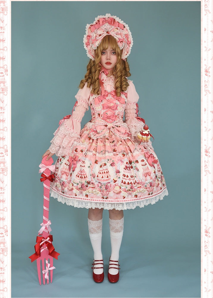Full Print / Pink Set and JSK Lolita Desserts Sweet Strawberry Bow Accents