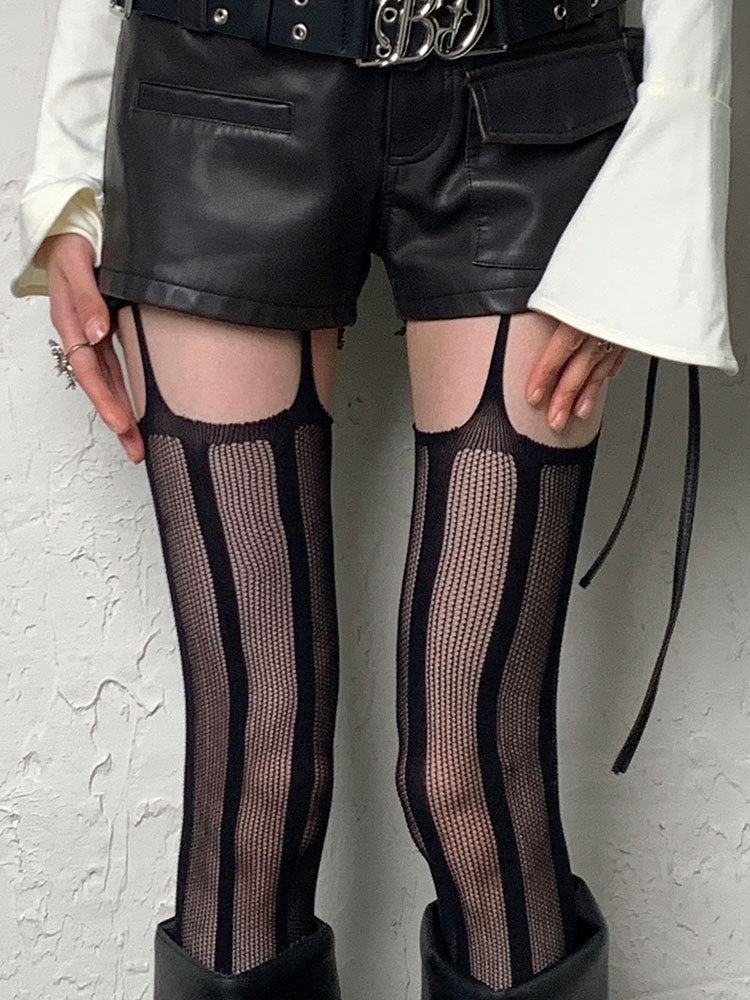 Punk Black Striped Cut-out Suspender Tights