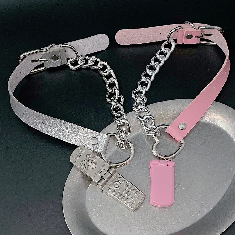 PU Pink/Silber Telefon Y2K Anhänger Choker