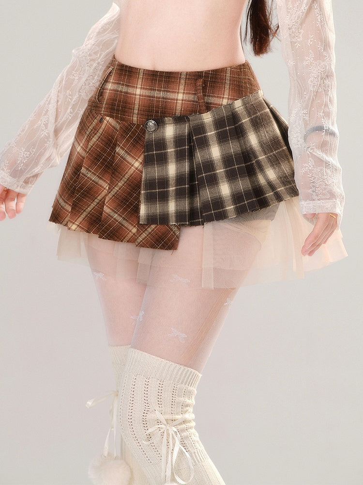 Brown Pleated Mini Plaid Patchwork Skirt Design Mesh